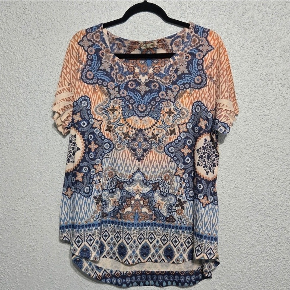World Unity Womens Geometric Short Sleeve Flutter T-Shirt Size 1X Boho Artsy